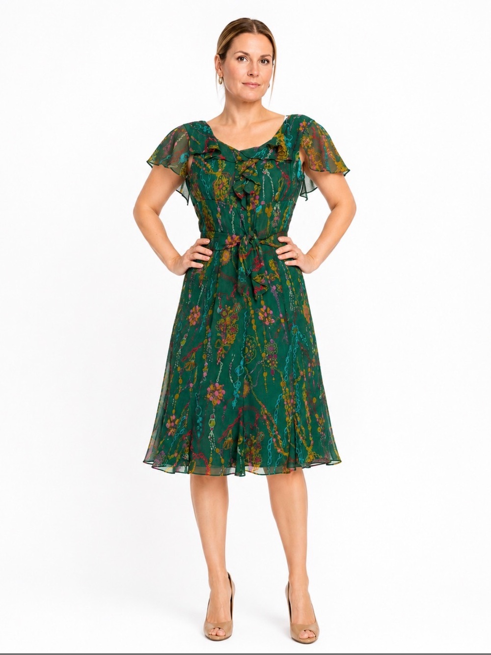 Kay Unger 100%  Silk Emerald Green Floral Tie-Waist Midi Dress